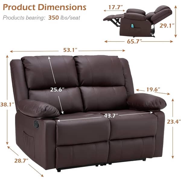 dimension image slide 1 of 3, AECOJOY 2-Seater Recliner Loveseat with Heat and Massage Function