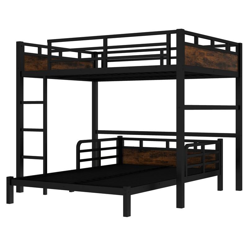 Roomfitters Twin/Full/Queen Metal Bunk Bed & Loft Bed with Raised Safety Fence, Convertible Platform Design, Vintage Wood