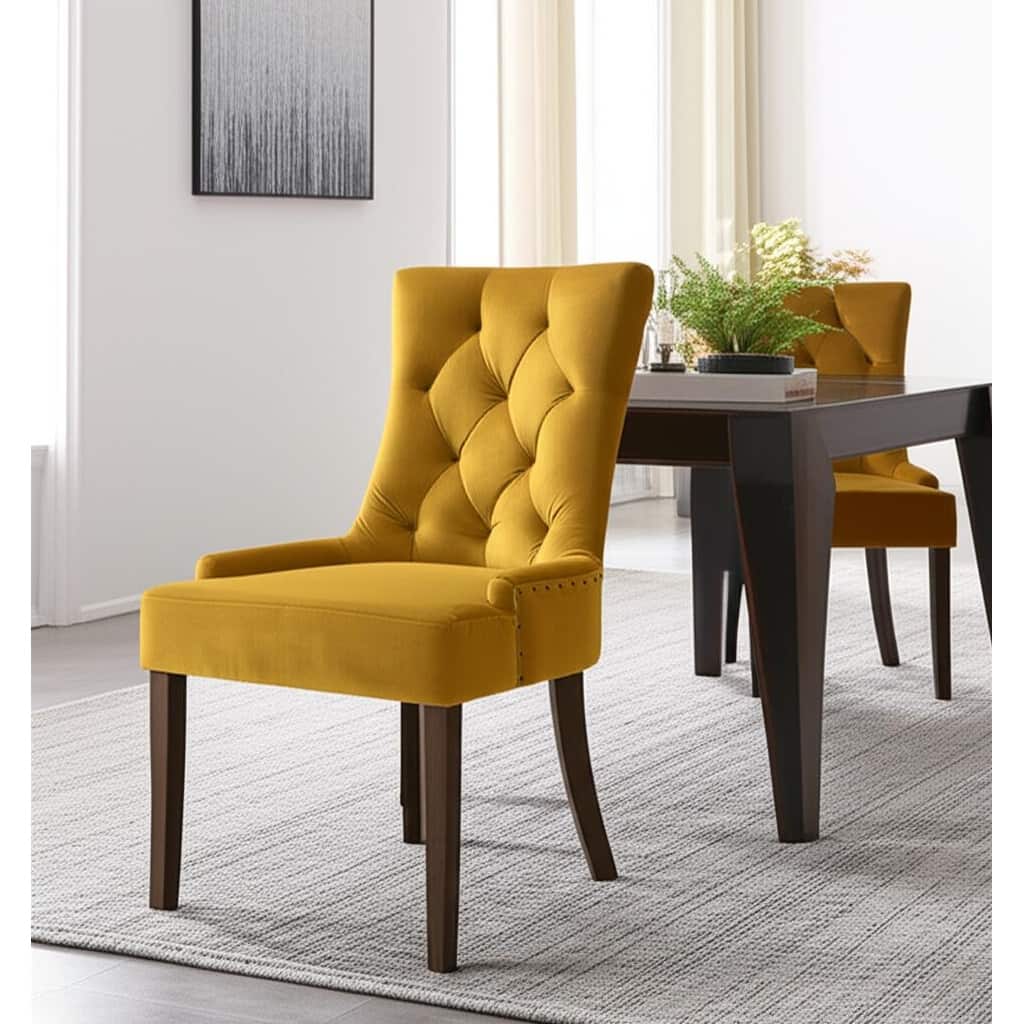 HomeRoots Set of Two Tufted Yellow and Espresso Upholstered Velvet And Solid Wood Dining Side Chairs