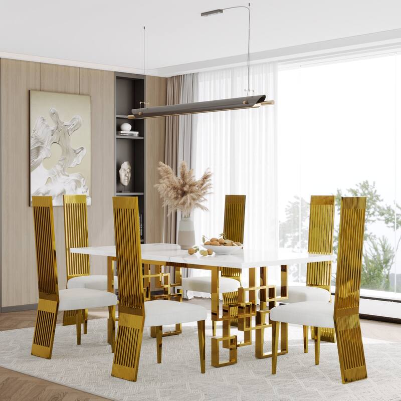 Faux Mable Dining Table Set with White Boucle and High Back Chairs - Table with 6 Chairs - Gold