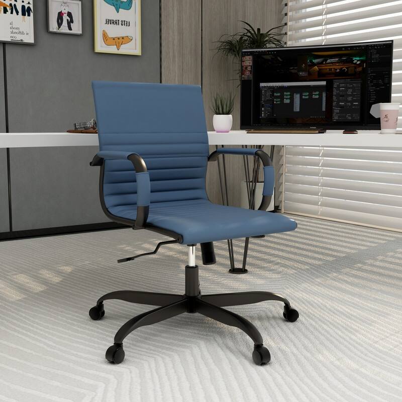 Harris Leather Mid-Back Adjustable Seat Height Office Desk Computer Swivel Chair in Black Metal Frame for Home Conference