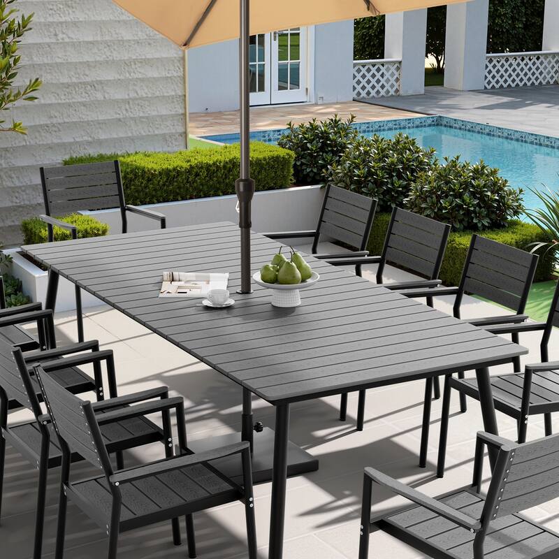 94.5in Outdoor Patio Rectangle Aluminum Wood-Like Dining Table with Umbrella Hole - DarkGrey