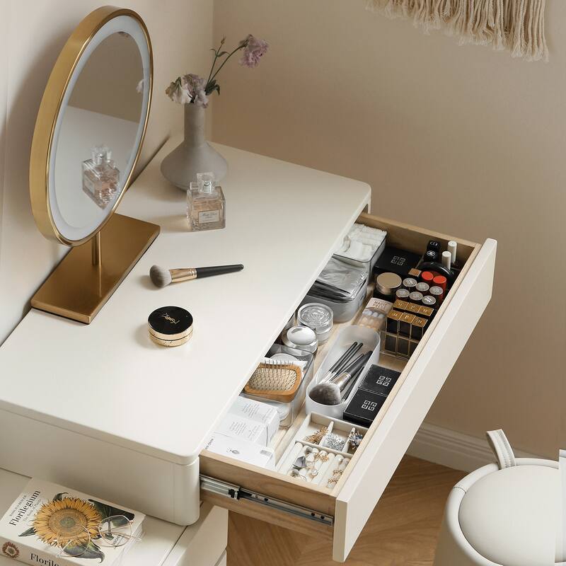 Christopher Knight Home - Claire Solid Wood Vanity Table with Storage Drawers and Matching Stool, Compact 80cm Design