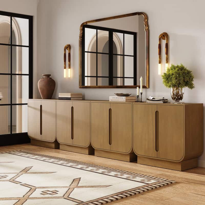 Joey Mid Century Modern Storage Cabinet, Arched Accent Cabinet with Rounded Bottom Edges and Integrated Door Pull Cutouts - Set of 4 - Light Brown