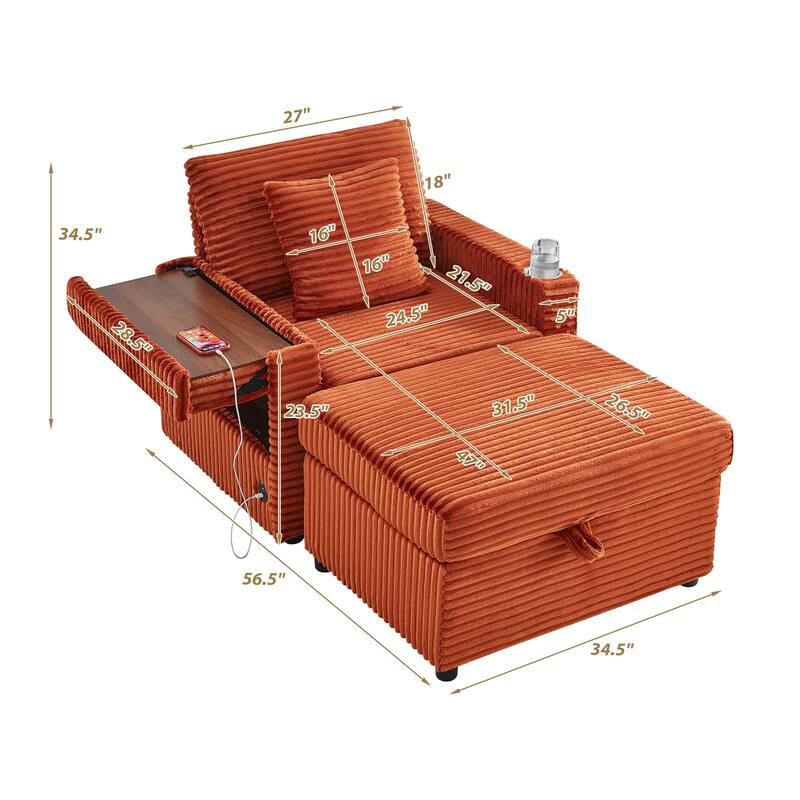 Fluffy Corduroy Lazy Sofa Chaise Lounge with Accent Chair, Storage Ottoman, Folding Table Board, Cup Holder and USB