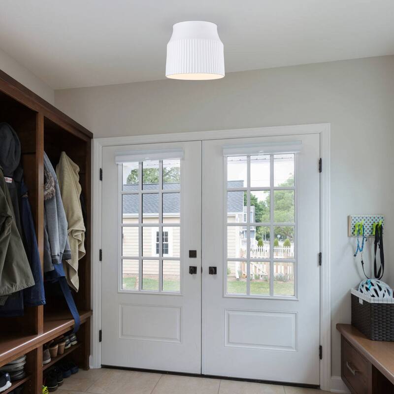 1-Light Matte White Flush Mount Ceiling Light with Ceramic Drum Shade - Dia.9.45-in