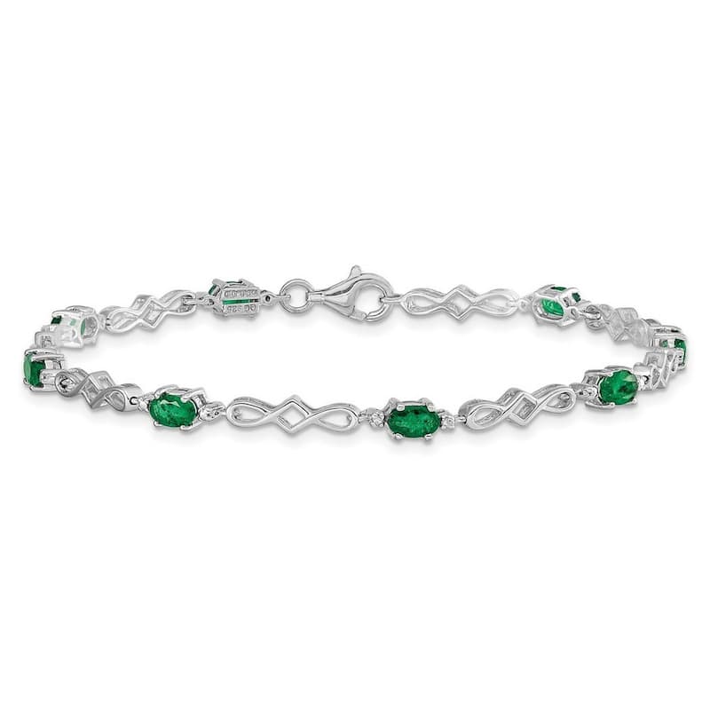 Curata 925 Sterling Silver Polished Open back Fancy Lobster Closure Emerald and Diamond Bracelet