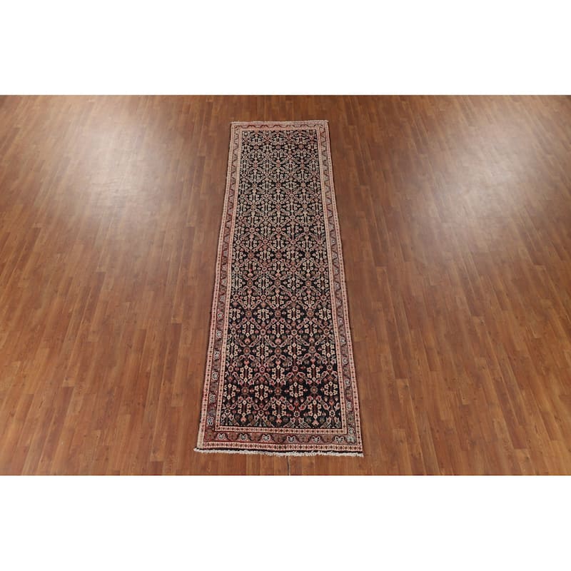 Geometric Mahal Vintage Persian Runner Rug Handmade Wool Carpet - 3'5" x 11'1"