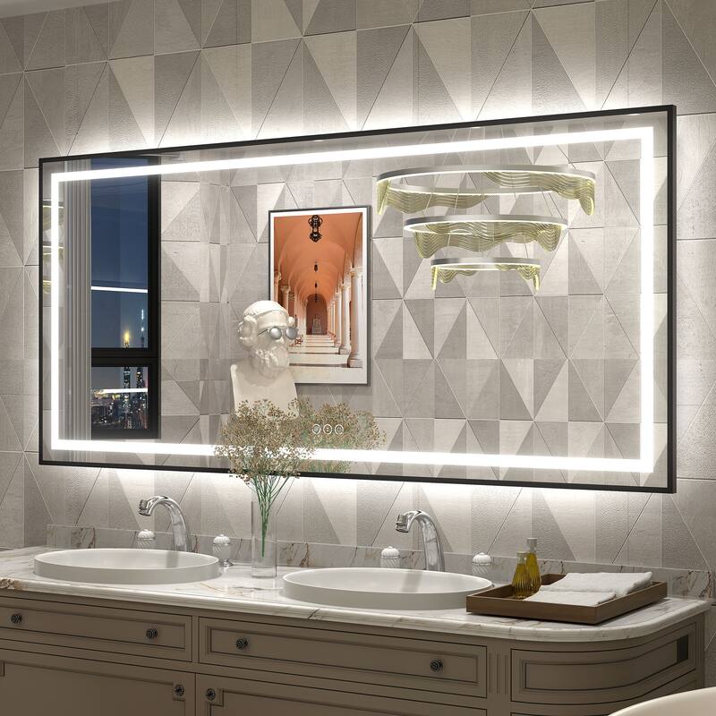 Black Metal Framed LED Front Light and Backlit Anti-Fog Wall Bathroom/ Vanity Mirror - 60" x 28"-Square Corner - Black