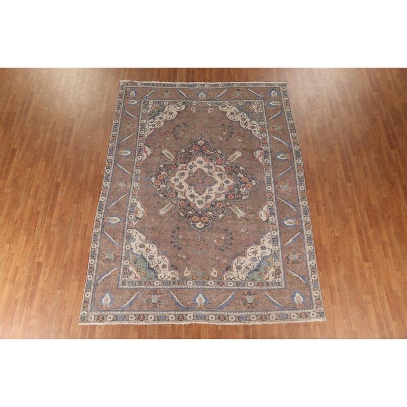 Brown Tabriz Persian Vintage Rug Handmade Wool Carpet - 8'1"x 10'9"