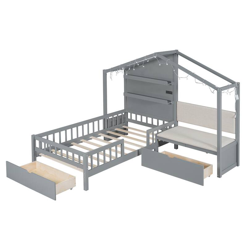 Stylish Twin House Bed with Sofa, Charging Station, Drawers & Shelves, Perfect for Space-Saving Comfort
