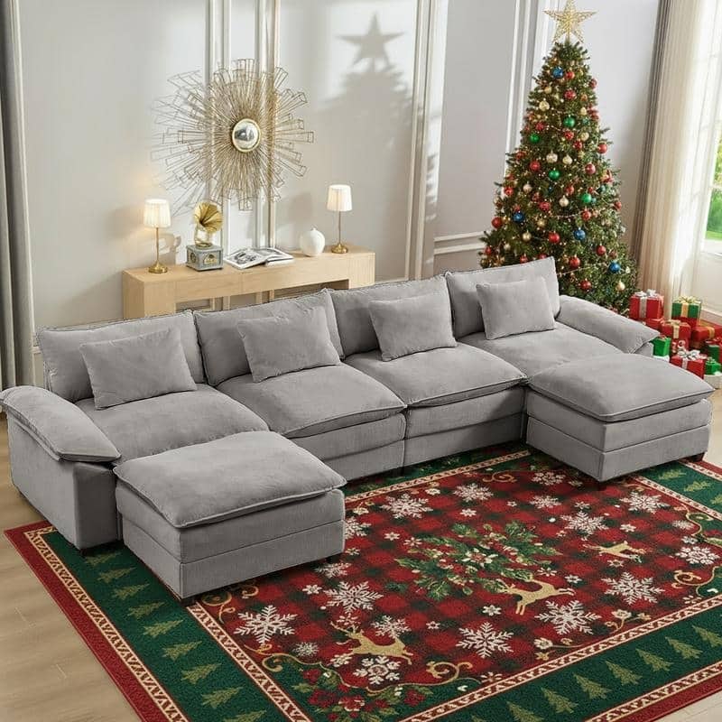 Modern 156''Oversized U-Shaped Modular Sectional Sofa with 2 Ottomans,6-Seat Cloud Couch,Chenille Sofa Sleeper Deep Seat Couches - 4+2 - Light Grey