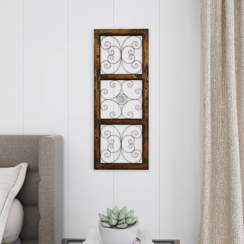 Brown Wood Distressed Panel Scroll Home Wall Decor with Bronze Metal Scrollwork