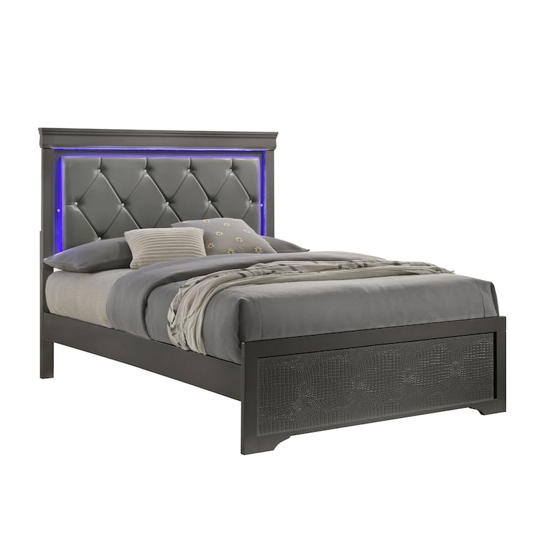 Modern Twin Bed with LED Headboard & Wood Frame in Metallic Gray
