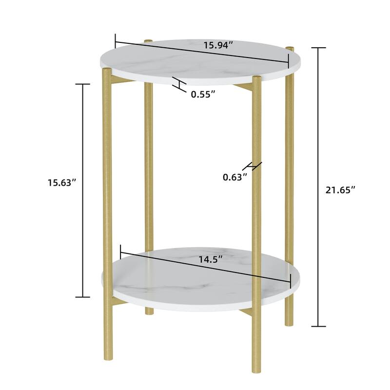 Round Faux Stone End Table with Storage with Gold Metal Legs