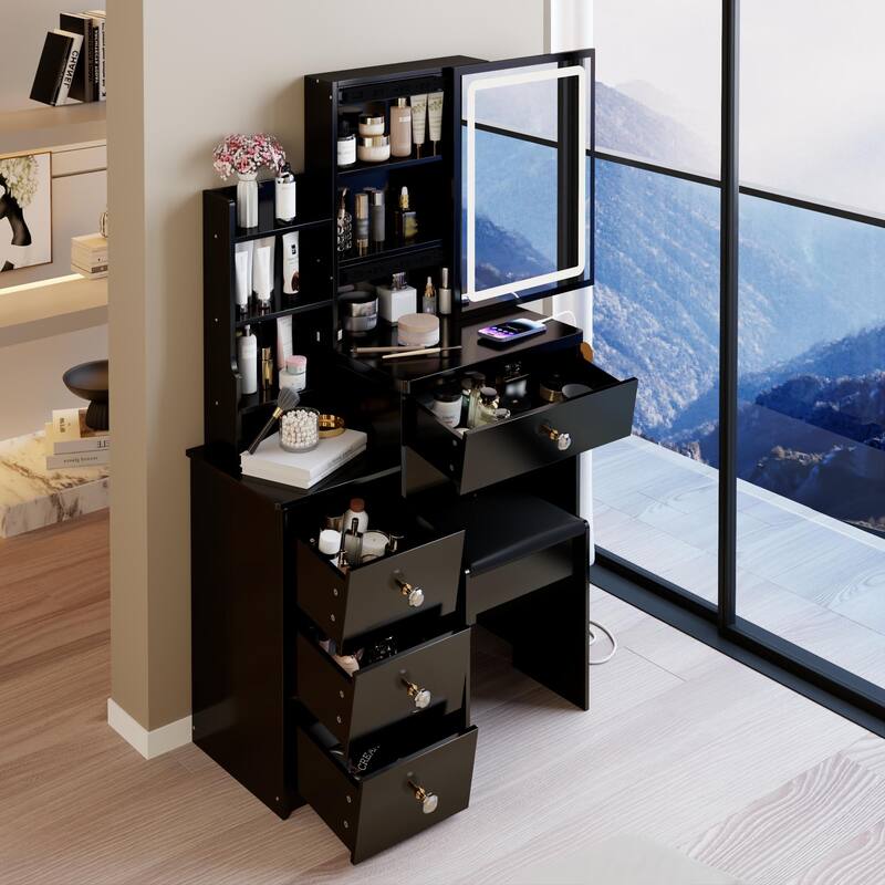 Small Size Left Bedside Cabinet Vanity Table+Cushioned Stool,USB Power Station,Touch Control Sliding LED Mirror