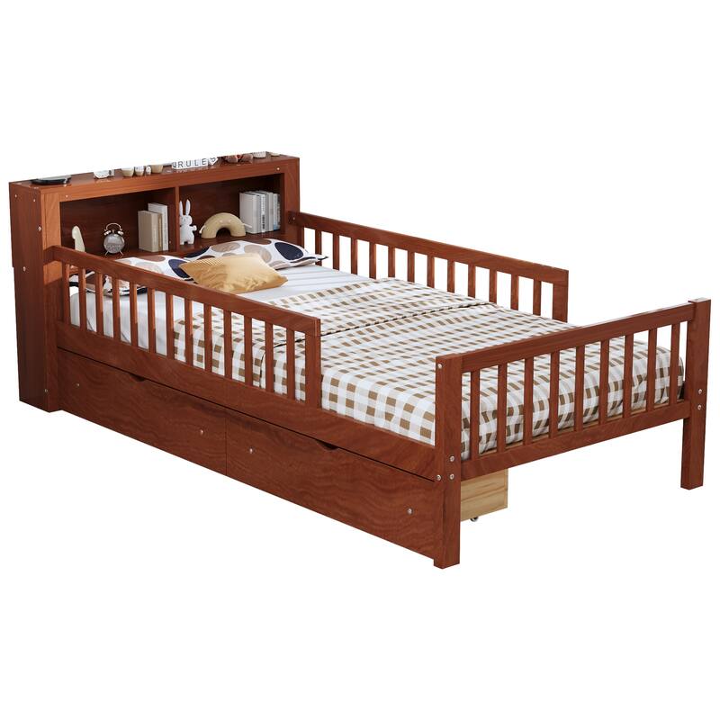 Bed with Headboard Storage Rack, Two Under-Bed Drawers, Three-Side Guardrails for Safety and Security