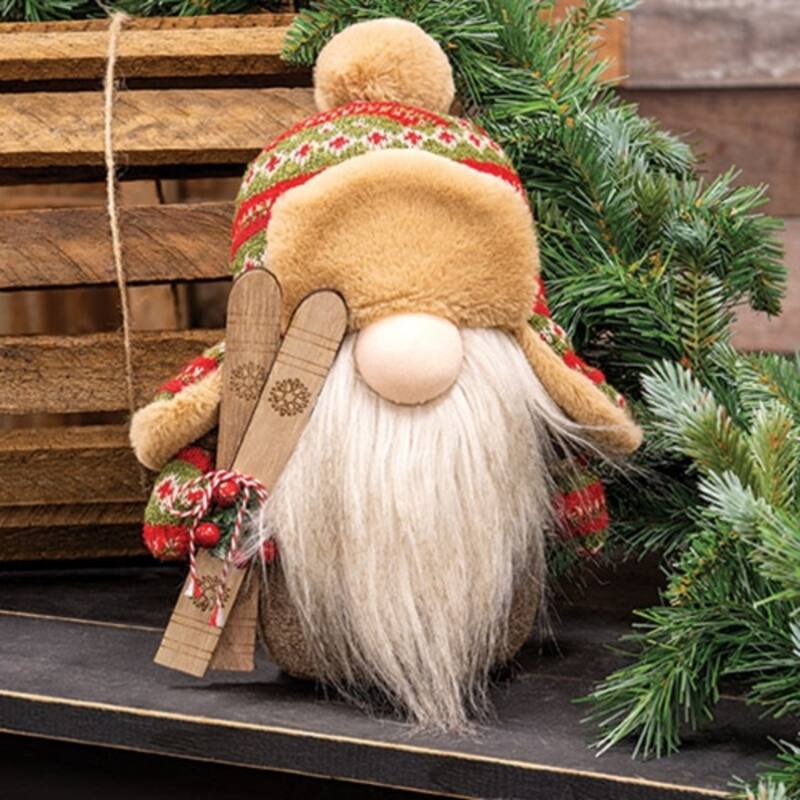 13" Nordic Knit Gnome Plush Figurine with Wooden Skis Winter Christmas Home Decoration - 13" H x 8" W x 5" D