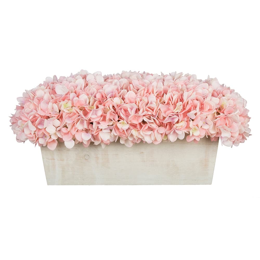 Faux Hydrangeas in White Wood Washed Ledge Planter