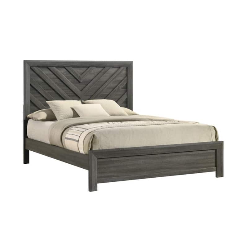 Velz Queen Size Bed w Chevron Patterned Headboard, Dark Gray Wood