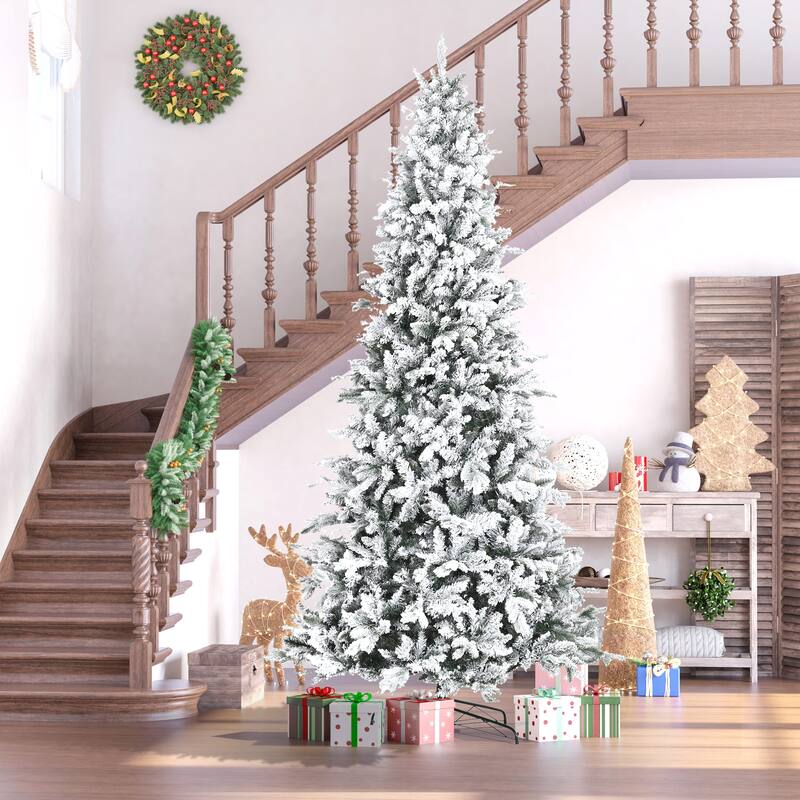 9ft Artificial Snow-Flocked Pine Christmas Tree with 616 Cedar Branches & Flame-Retardant Design