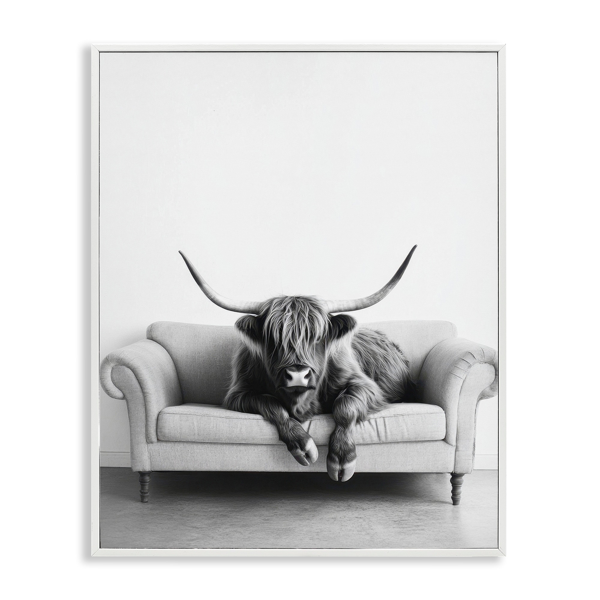 Stupell Highland Cow on Couch Framed Giclee Art Design By Petal Prints Design