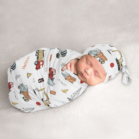 Construction Truck Collection Boy Baby Cocoon and Beanie Hat Sleep Sack - 2pc Set - Grey Yellow Orange Red Blue Transportation