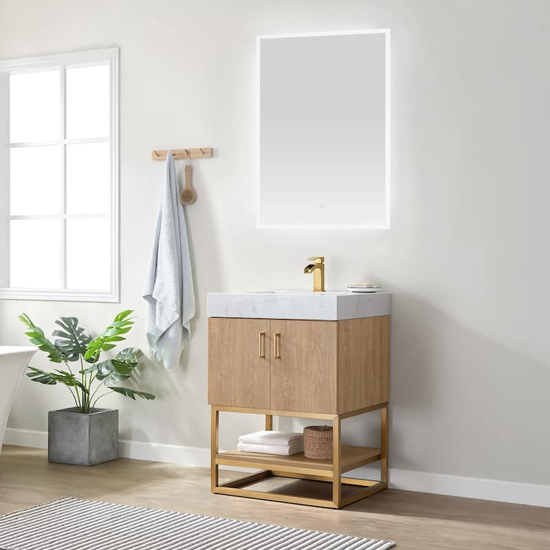 Alistair Single Bath Vanity with White Grain Stone Top & Mirror