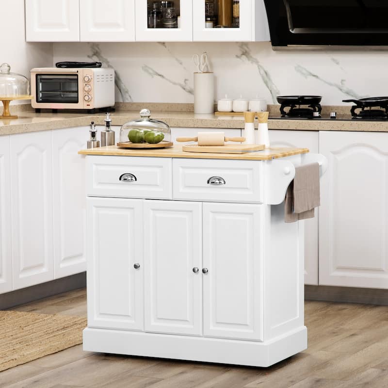 Kitchen Island with Storage, Rolling Kitchen Serving Cart with Rubber Wood Top, Storage Drawer and Cabinet