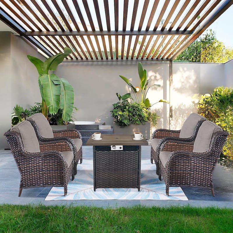 Pocassy Patio Chairs with Fire Pit Table Sets - Brown - Grey