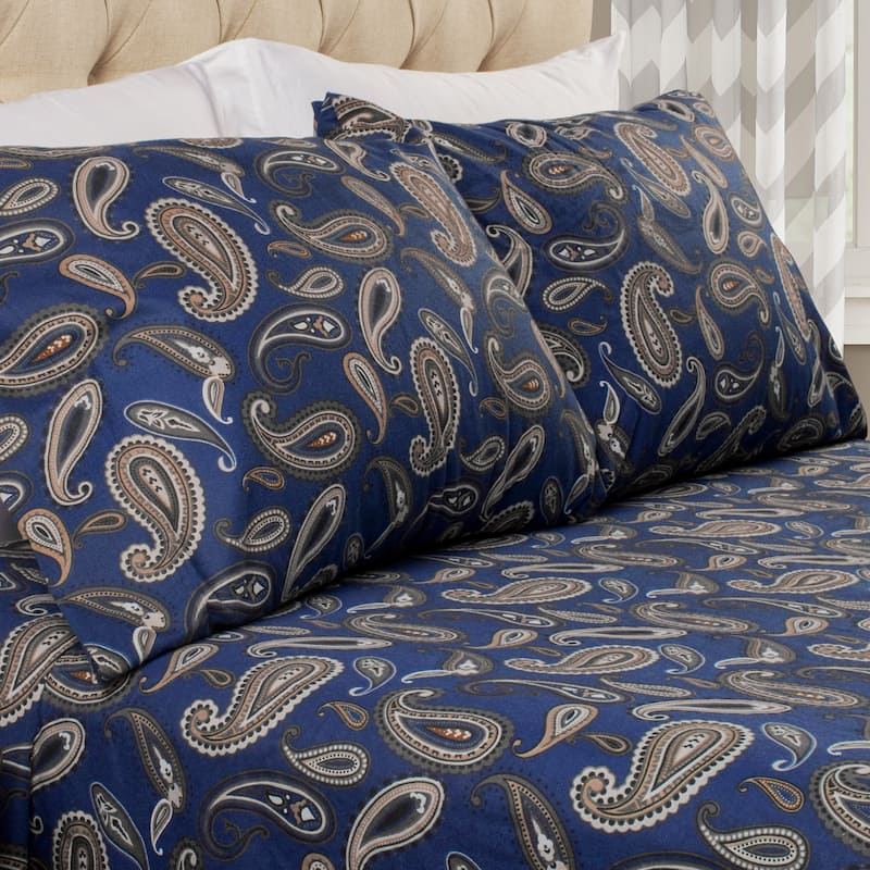 Superior Vintage Floral Paisley Flannel Cotton 2 Piece Pillowcase Set - King - Navy Blue