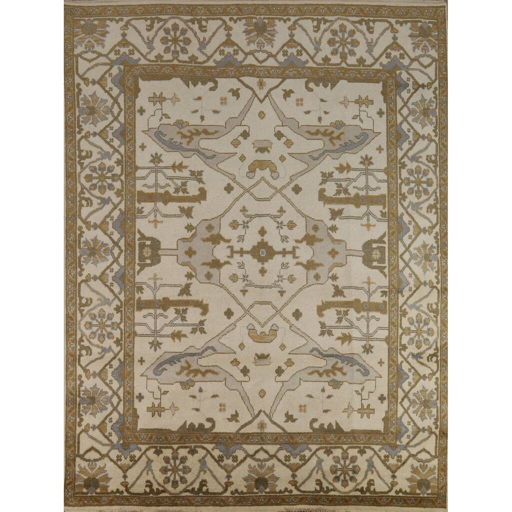 All-Over Ivory Oushak Indian Area Rug Hand-Knotted Wool Carpet - 8'0"x 9'11"