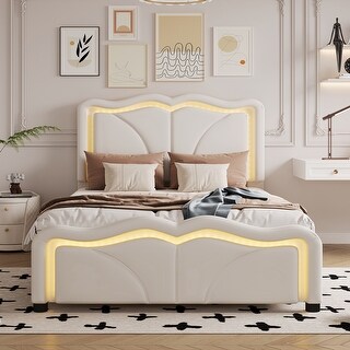 Twin Size Upholstered Platform Bed with Curve Shaped and Height-adjustbale Headboard,LED Light Strips