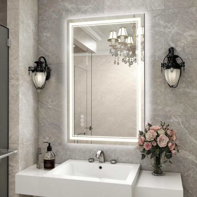 Extra Large LED Bathroom Mirror Anti-Fog Tempered Wall Vanity Mirror with Double Light Strip, Dimmable, UL-Listed - 24x36