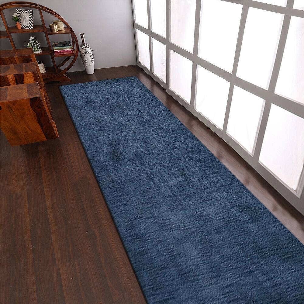 Hand Knotted Loom Wool RunnerArea Rug Solid Light Blue L00111 2'6