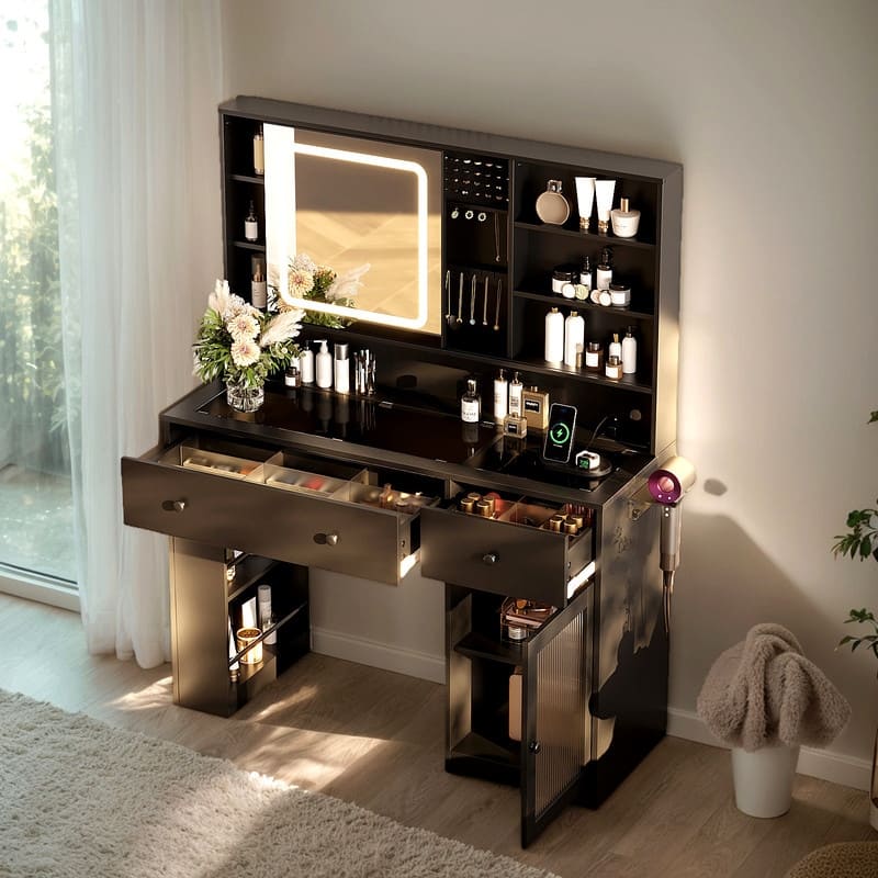 Particle Board Veneered , 2 Drawers, 1 Glass Door, Left and Right 2-tier Shelves, Glass Tabletop, Dressing Table - N/A