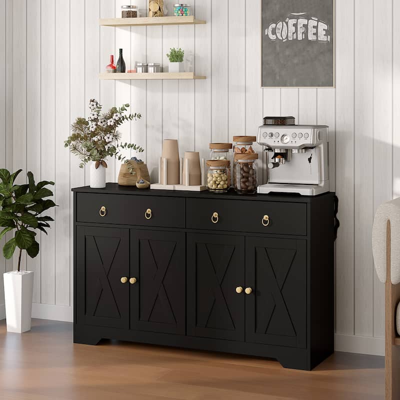HOMCOM Sideboard, Buffet Cabinet with 2 Drawers, 2Storage Cabinets, 4 Barn-Style Doors and Adjustable Shelves, White - Black