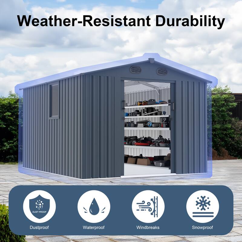 8x10 FT Outdoor Storage Shed, Large Metal Tool Sheds with Window and Lockable Doors, Garden Shed for Backyard Garden