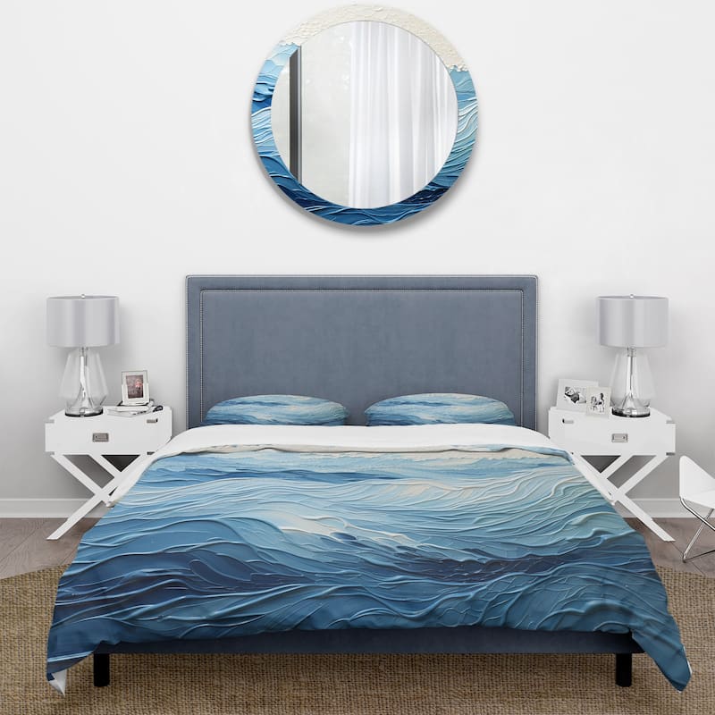 Designart "Blue and white modern waves of the Coast I" Coastal Minimalism Traditional Bedding Cover Set with Shams