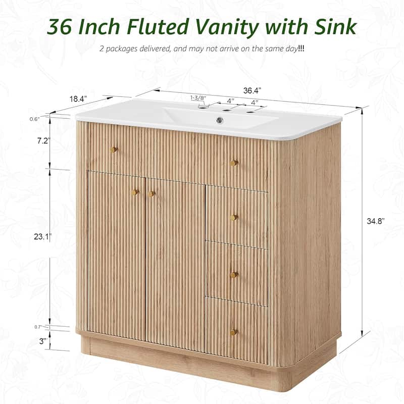 36" Modern Fluted Bathroom Vanity with Sink, Washstand for Kitchen