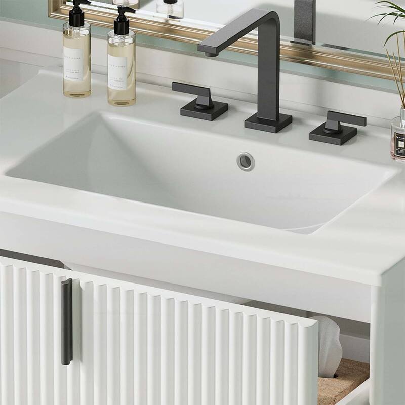 30-Inch Freestanding Bathroom Vanity with Ceramic Sink,Soft Close Drawers,and Fluted Design in Dark Brown