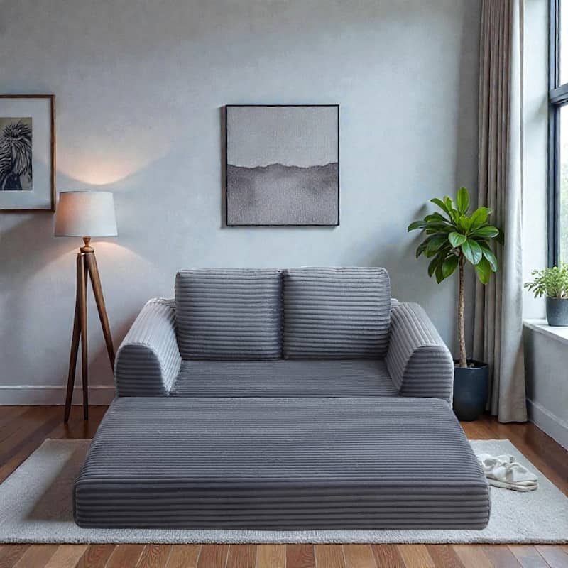 2 in 1 Folding Sofa Bed Loveseat, Corduroy Convertible Sleeper Couch with Pillows, Boneless Floor Futon