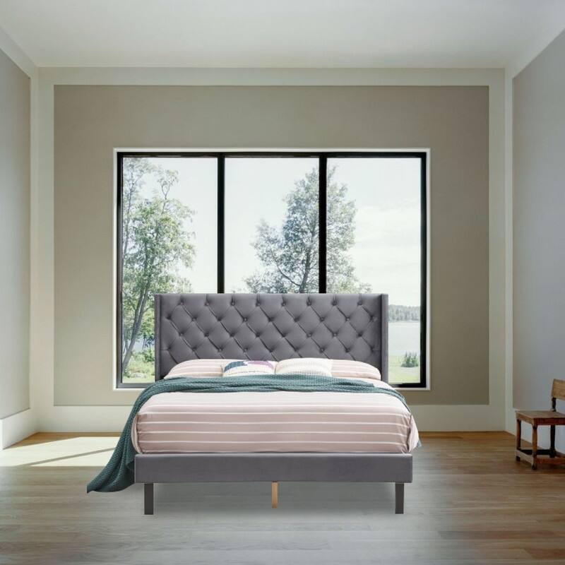 Wings Design bed frame Gray platform bed Velvet queen bed