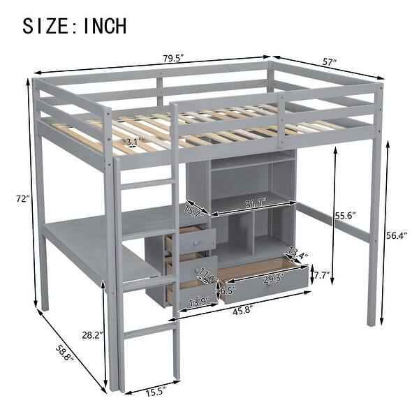 Grey Full Wood Loft Bed with Desk, Storage & Guardrails