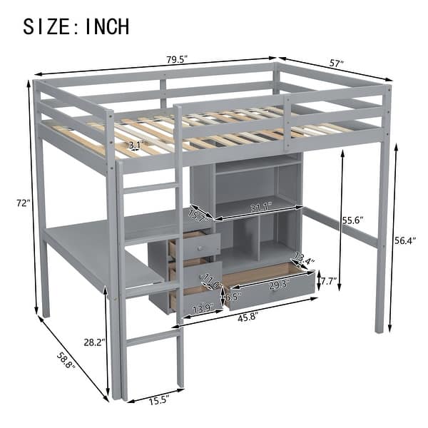 dimension image slide 1 of 2, Multifunctional Full Loft Wood Kids Bed with Desk,Built-in Ladder,Desk,Storage Shelves and Drawers,Guardrails
