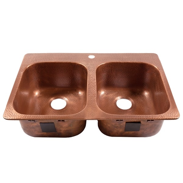 Santi Drop-In Handmade Pure Solid Copper 33 in. 50/50 1-Hole Double Bowl Copper Kitchen Sink in Antique Copper Santi Drop-In Handmade Pure Solid Copper 33 in. 50/50 1-Hole Double Bowl Copper Kitchen Sink in Antique Copper