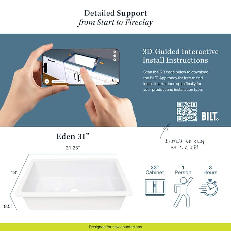 Eden Crisp White Fireclay 31" Single Bowl Undermount Kitchen Sink and Drain - 31.25 x 18 x 8.5
