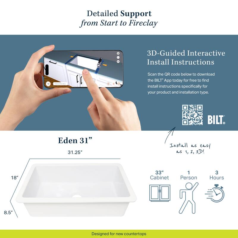 Eden Crisp White Fireclay 31" Undermount Single Bowl Kitchen Sink with Pfirst Faucet Kit
