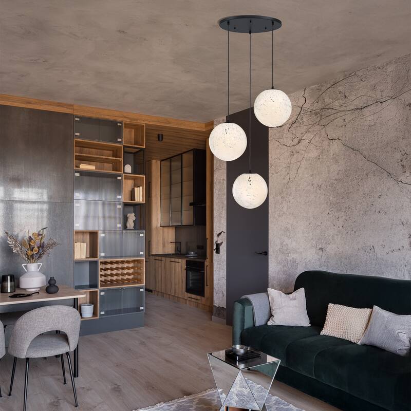 Circo 3-Light Matte Black Modern Globe Chandelier for Entryways with 12 in. White Art Glass Shades - 28