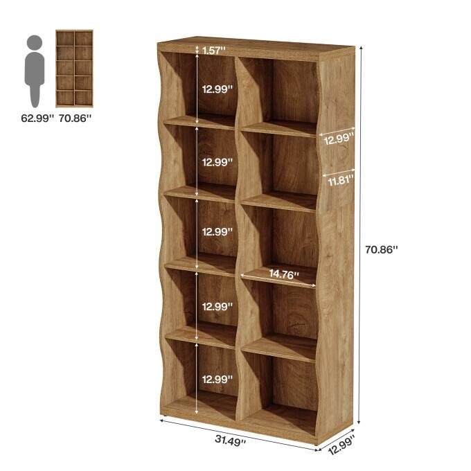 70.86" Bookcase with 10 Storage Cubes, 5-Tier Wave-Design Bookshelf